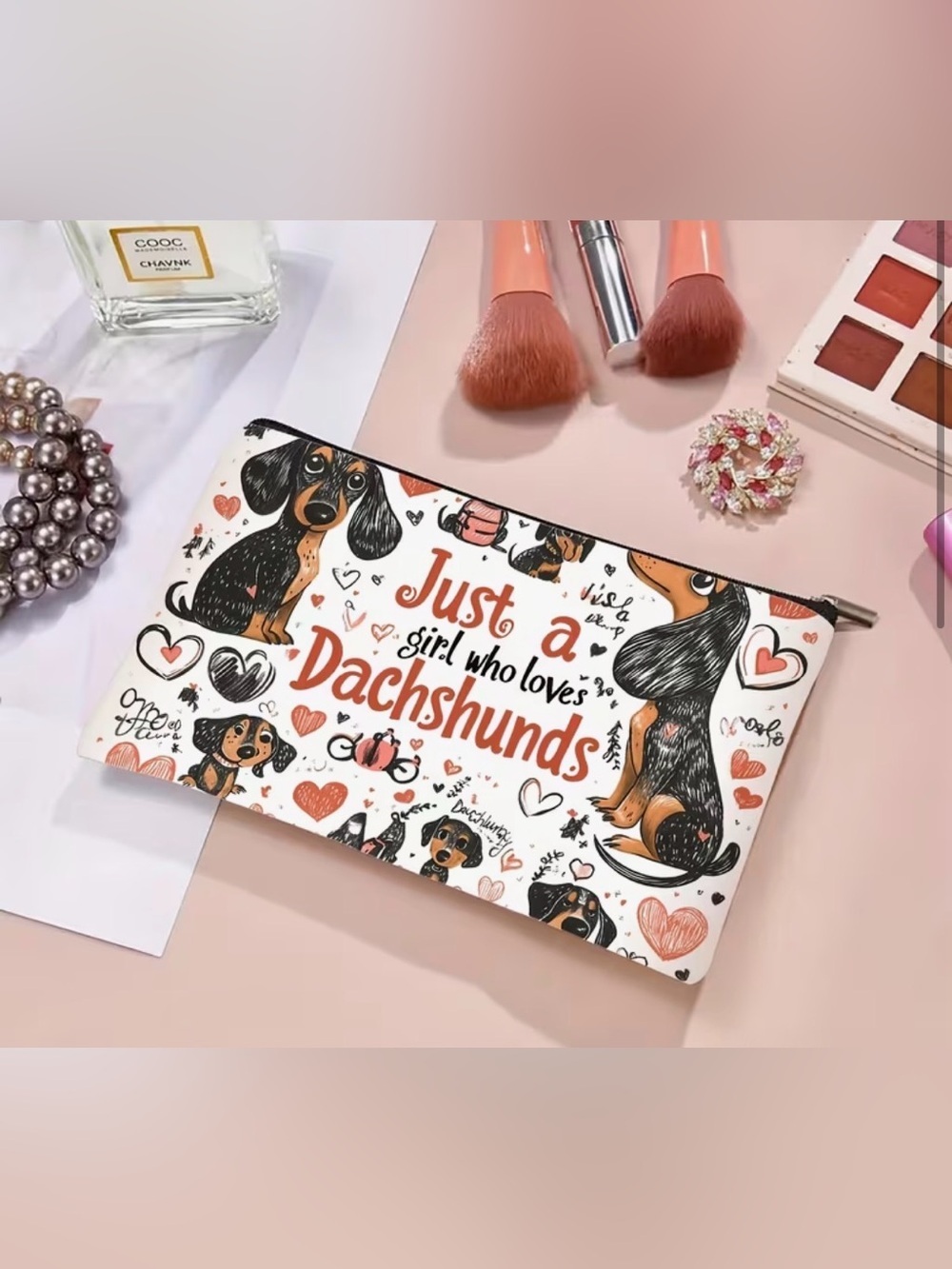 “Just a Girl Who Loves Dachshunds” Zipper Pouch - White with Heart Accents New